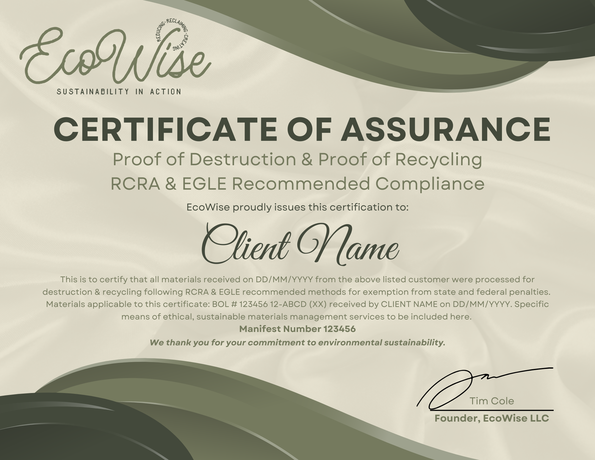 EcoWise Certificate of Assurance